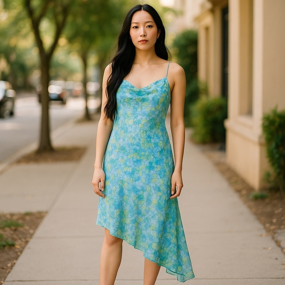 STUDIO Y Blue Floral Asymmetrical Midi Dress Fairy Sz 8 Chiffon Strap Y2K Sheer